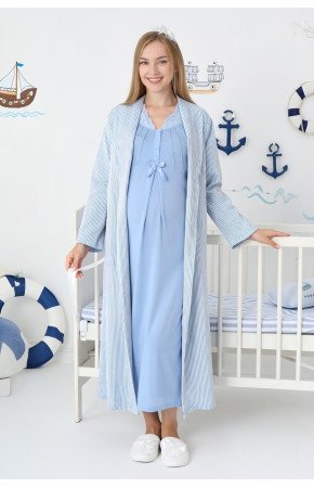 Mavi Renkli, Dantel Detaylı, Uzun Kollu Lüks Erdeniz 2305 Jakarlı Sabahlıklı Lohusa -Hamile Pijama Takımı