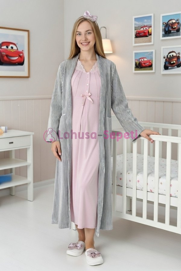 Pudra Renkli, Dantel Detaylı, Uzun Kollu Lüks Erdeniz 2305 Jakarlı Sabahlıklı Lohusa -Hamile Pijama Takımı | Lohusa-Sepeti.com