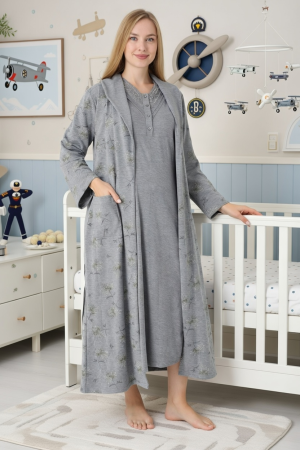Antrasit Renkli, Dantel Detaylı, Uzun Kol Erdeniz 2310 Sabahlıklı Lohusa Hamile Gecelik Takım Antrasit Renkli, Dantel Detaylı, Uzun Kol Erdeniz 2310 Sabahlıklı Lohusa Hamile Gecelik Takım