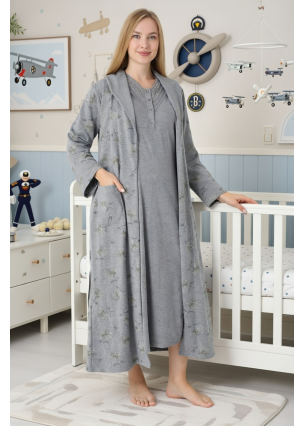 Antrasit Renkli, Dantel Detaylı, Uzun Kol Erdeniz 2310 Sabahlıklı Lohusa Hamile Gecelik Takım