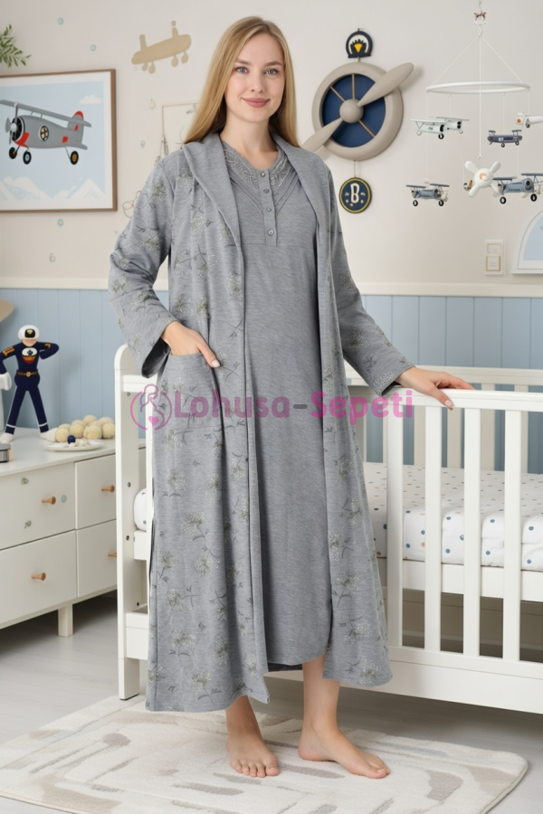 Antrasit Renkli Dantel Detaylı Uzun kollu  2310 Lohusa/Hamile Gecelik Takım - Kolay Emzirme | Lohusa-Sepeti.com