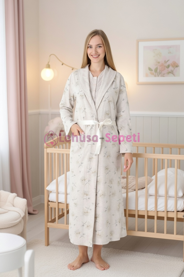 Bej Renkli Dantel Detaylı Uzun kollu  2310 Lohusa/Hamile Gecelik Takım - Kolay Emzirme | Lohusa-Sepeti.com