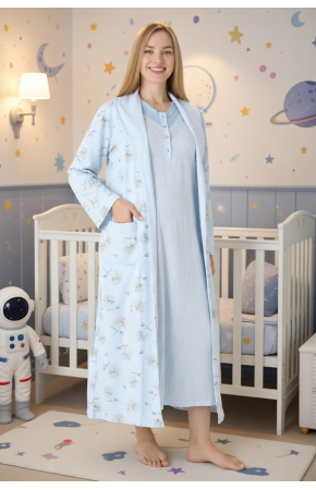 Mavi Renkli, Dantel Detaylı, Uzun Kol Erdeniz 2310 Sabahlıklı Lohusa Hamile Gecelik Takım Mavi Renkli, Dantel Detaylı, Uzun Kol Erdeniz 2310 Sabahlıklı Lohusa Hamile Gecelik Takım