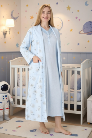 Mavi Renkli, Dantel Detaylı, Uzun Kol Erdeniz 2310 Sabahlıklı Lohusa Hamile Gecelik Takım Mavi Renkli, Dantel Detaylı, Uzun Kol Erdeniz 2310 Sabahlıklı Lohusa Hamile Gecelik Takım