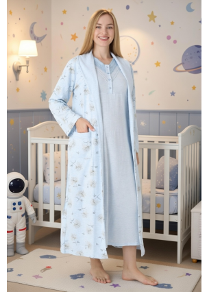 Mavi Renkli, Dantel Detaylı, Uzun Kol Erdeniz 2310 Sabahlıklı Lohusa Hamile Gecelik Takım