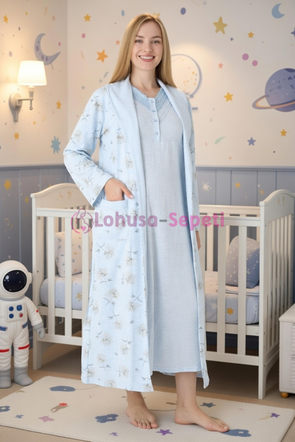 Mavi Renkli Dantel Detaylı Uzun kollu  2310 Lohusa/Hamile Gecelik Takım - Kolay Emzirme | Lohusa-Sepeti.com