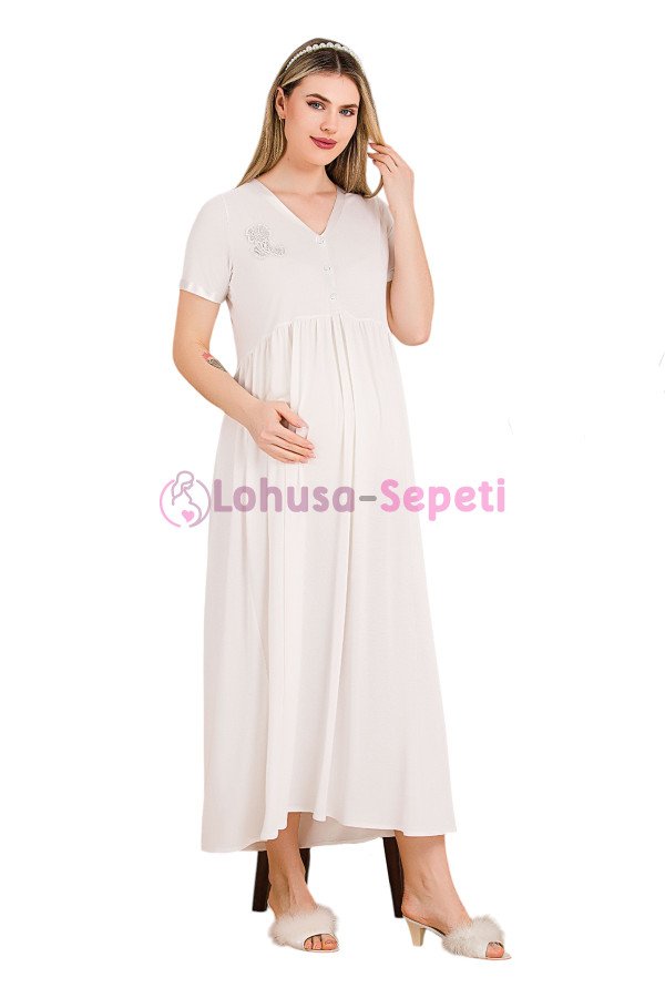 Ekru Renkli Dantel Detaylı 33400 Lohusa/Hamile Gecelik - Kolay Emzirme | Lohusa-Sepeti.com