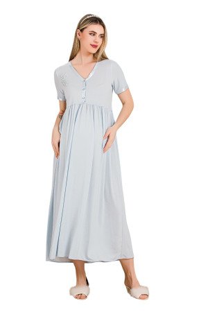 Mavi Renkli, Dantel Detaylı, Kısa Kol ve Derin Patlı, 33400 Lohusa Hamile Gecelik
