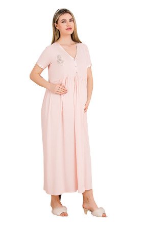 Pembe Renkli, Dantel Detaylı, Kısa Kol ve Derin Patlı, 33400 Lohusa Hamile Gecelik