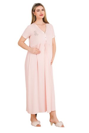 Pembe Renkli, Dantel Detaylı, Kısa Kol ve Derin Patlı, 33400 Lohusa Hamile Gecelik