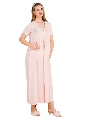 Pembe Renkli, Dantel Detaylı, Kısa Kol ve Derin Patlı, 33400 Lohusa Hamile Gecelik