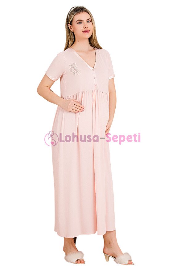 Pembe Renkli Dantel Detaylı 33400 Lohusa/Hamile Gecelik - Kolay Emzirme | Lohusa-Sepeti.com