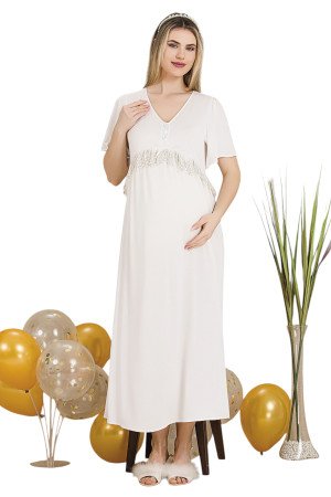 Ekru Renkli, Dantel Detaylı, Kısa Kol ve Derin Patlı, 33401 Lohusa Hamile Gecelik Ekru Renkli, Dantel Detaylı, Kısa Kol ve Derin Patlı, 33401 Lohusa Hamile Gecelik