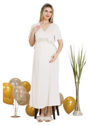Ekru Renkli, Dantel Detaylı, Kısa Kol ve Derin Patlı, 33401 Lohusa Hamile Gecelik