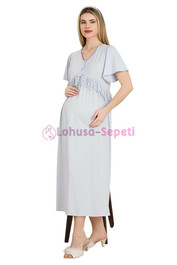 Mavi Renkli Dantel Detaylı 33401 Lohusa/Hamile Gecelik - Kolay Emzirme | Lohusa-Sepeti.com