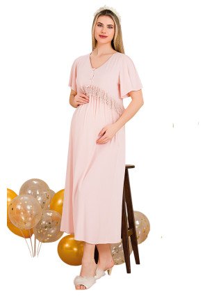 Pembe Renkli, Dantel Detaylı, Kısa Kol ve Derin Patlı, 33401 Lohusa Hamile Gecelik