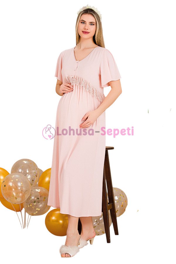 Pembe Renkli Dantel Detaylı 33401 Lohusa/Hamile Gecelik - Kolay Emzirme | Lohusa-Sepeti.com