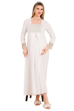 Ekru Renkli, Dantel Detaylı, Uzun Kol ve Derin Patlı, 33402 Lohusa Hamile Gecelik Ekru Renkli, Dantel Detaylı, Uzun Kol ve Derin Patlı, 33402 Lohusa Hamile Gecelik