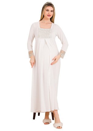 Ekru Renkli, Dantel Detaylı, Uzun Kol ve Derin Patlı, 33402 Lohusa Hamile Gecelik