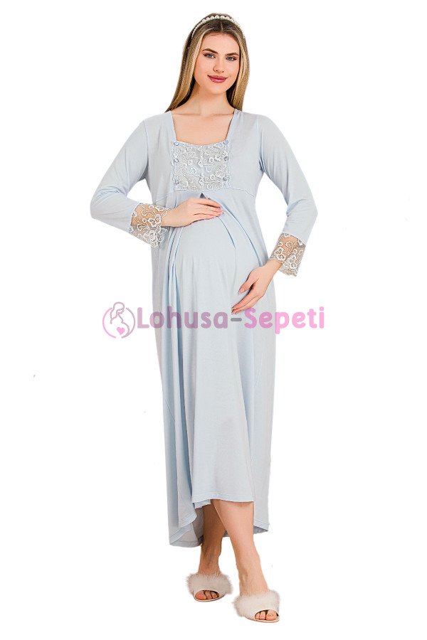 Bebek Mavi Renkli Dantel Detaylı 33402 Lohusa/Hamile Gecelik - Kolay Emzirme | Lohusa-Sepeti.com
