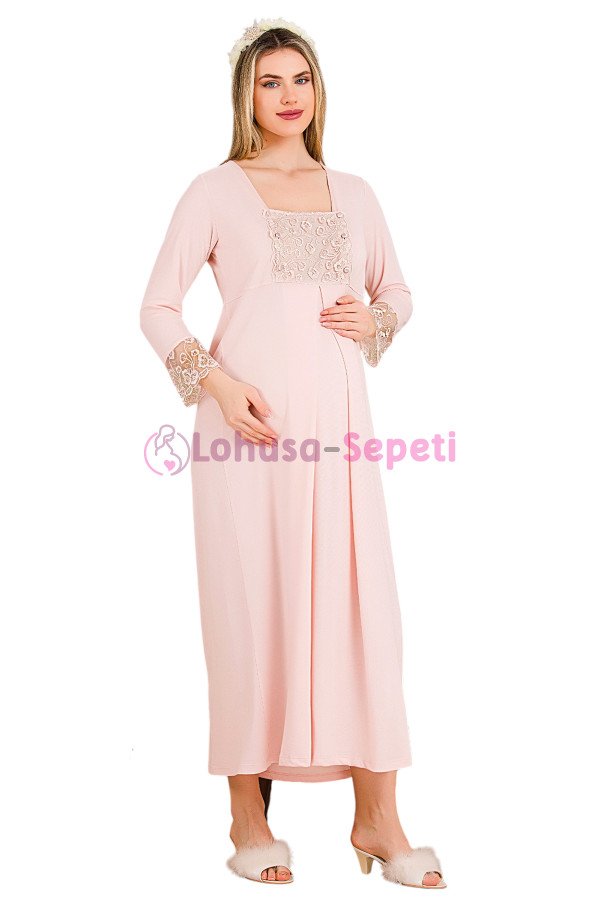 Bebek Pembe Renkli Dantel Detaylı 33402 Lohusa/Hamile Gecelik - Kolay Emzirme | Lohusa-Sepeti.com