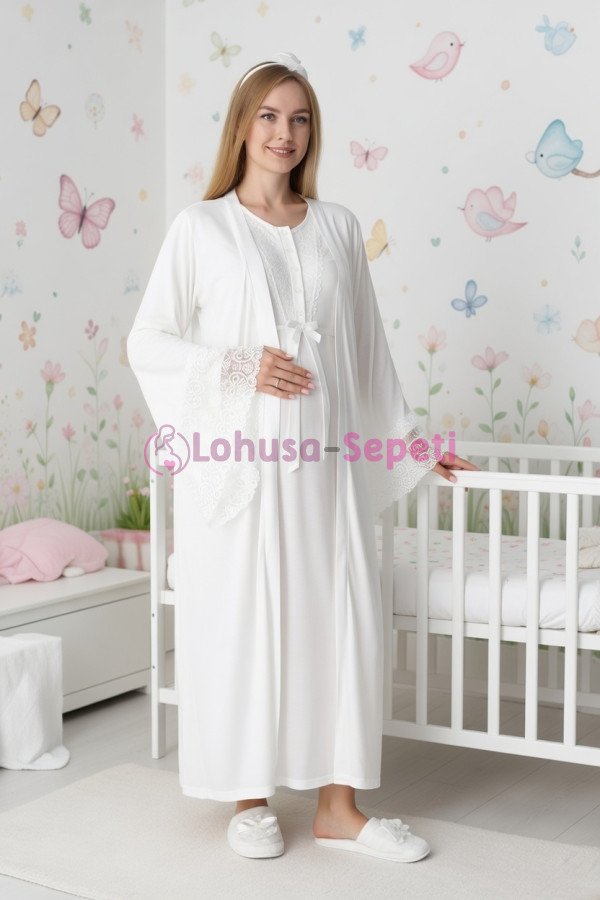 Ekru dantel detaylı viskon lohusa gecelik ve uzun sabahlık takımı Erdeniz 2303 - Lohusa-Sepeti.com