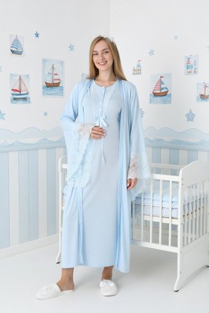 Mavi Dantel Detaylı Viskon Uzun Kol Sabahlıklı Lohusa Gecelik Takımı - Erdeniz 2303 Mavi Dantel Detaylı Viskon Uzun Kol Sabahlıklı Lohusa Gecelik Takımı - Erdeniz 2303