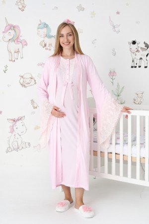 Pembe Dantel Detaylı Viskon Uzun Kol Sabahlıklı Lohusa Gecelik Takımı - Erdeniz 2303 Pembe Dantel Detaylı Viskon Uzun Kol Sabahlıklı Lohusa Gecelik Takımı - Erdeniz 2303