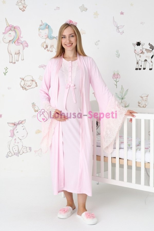 Pembe dantel detaylı viskon lohusa gecelik ve uzun sabahlık takımı Erdeniz 2303 - Lohusa-Sepeti.com