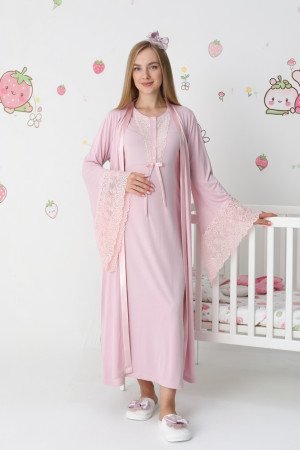 Pudra Dantel Detaylı Viskon Uzun Kol Sabahlıklı Lohusa Gecelik Takımı - Erdeniz 2303 Pudra Dantel Detaylı Viskon Uzun Kol Sabahlıklı Lohusa Gecelik Takımı - Erdeniz 2303