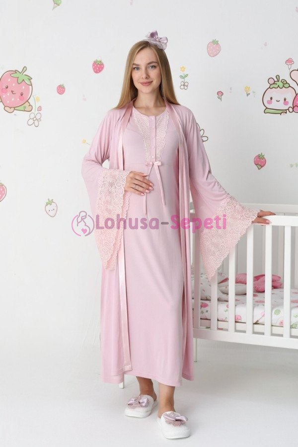 Pudra dantel detaylı viskon lohusa gecelik ve uzun sabahlık takımı Erdeniz 2303 - Lohusa-Sepeti.com