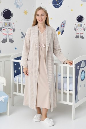 Bej Renkli, Dantel Detaylı, Uzun Kollu Lüks Erdeniz 2305 Jakarlı Sabahlıklı Lohusa -Hamile Pijama Takımı Bej Renkli, Dantel Detaylı, Uzun Kollu Lüks Erdeniz 2305 Jakarlı Sabahlıklı Lohusa -Hamile Pijama Takımı