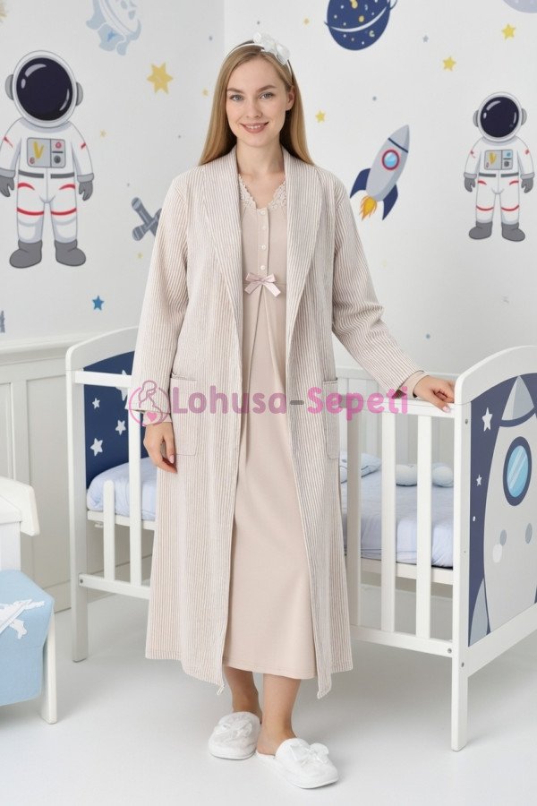 Bej Renkli, Dantel Detaylı, Uzun Kollu Lüks Erdeniz 2305 Jakarlı Sabahlıklı Lohusa -Hamile Pijama Takımı | Lohusa-Sepeti.com