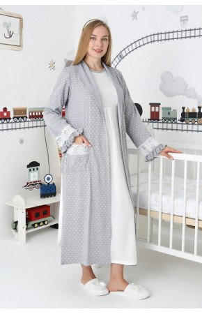 Gri Renkli, Paunatiyeli, Dantel Detaylı, Uzun Kol Erdeniz 2308 Sabahlıklı Lohusa Hamile Gecelik Takım Gri Renkli, Paunatiyeli, Dantel Detaylı, Uzun Kol Erdeniz 2308 Sabahlıklı Lohusa Hamile Gecelik Takım