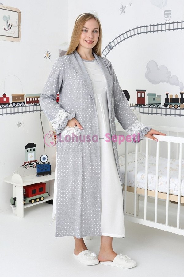 Gri Renkli, Paunatiyeli, Dantel Detaylı, Uzun Kol Erdeniz 2308 Sabahlıklı Lohusa Hamile Gecelik Takım - Kolay Emzirme | Lohusa-Sepeti.com