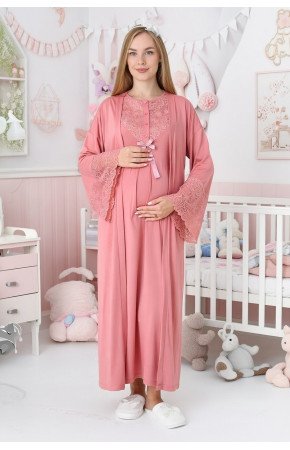 Narçiçeği Renkli, Dantel Detaylı, Uzun Kollu Lüks Erdeniz 2309 Viskon Sabahlıklı Lohusa -Hamile Pijama Takımı