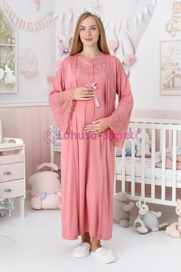 Narçiçeği Renkli, Dantel Detaylı, Uzun Kollu Lüks Erdeniz 2309 Viskon Sabahlıklı Lohusa -Hamile Pijama Takımı | Lohusa-Sepeti.com