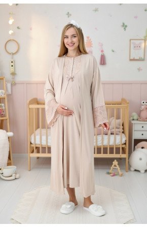 Vizon Renkli, Dantel Detaylı, Uzun Kollu Lüks Erdeniz 2309 Viskon Sabahlıklı Lohusa -Hamile Pijama Takımı