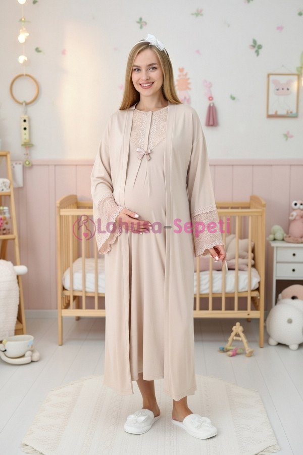 Vizon Renkli, Dantel Detaylı, Uzun Kollu Lüks Erdeniz 2309 Viskon Sabahlıklı Lohusa -Hamile Pijama Takımı | Lohusa-Sepeti.com