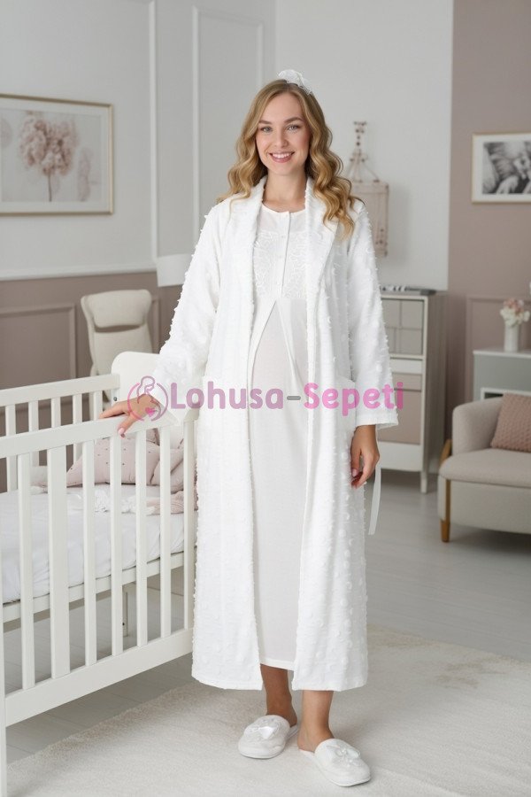 Ekru dantel detaylı viskon lohusa gecelik ve uzun sabahlık takımı Erdeniz 2312 - Lohusa-Sepeti.com
