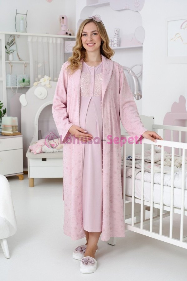 Pudra dantel detaylı viskon lohusa gecelik ve uzun sabahlık takımı Erdeniz 2312 - Lohusa-Sepeti.com