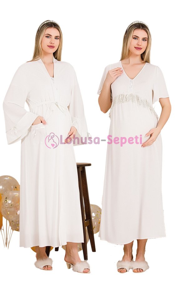 Ekru Renkli Dantel Detaylı  33500 2'li Sabahlıklı Lohusa/Hamile Gecelik Takımı - Kolay Emzirme | Lohusa-Sepeti.com