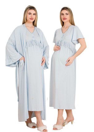Mavi Renkli, Dantel Detaylı, Kısa Kol ve Derin Patlı,  33500 Sabahlıklı 2li Lohusa Hamile Gecelik Takımı