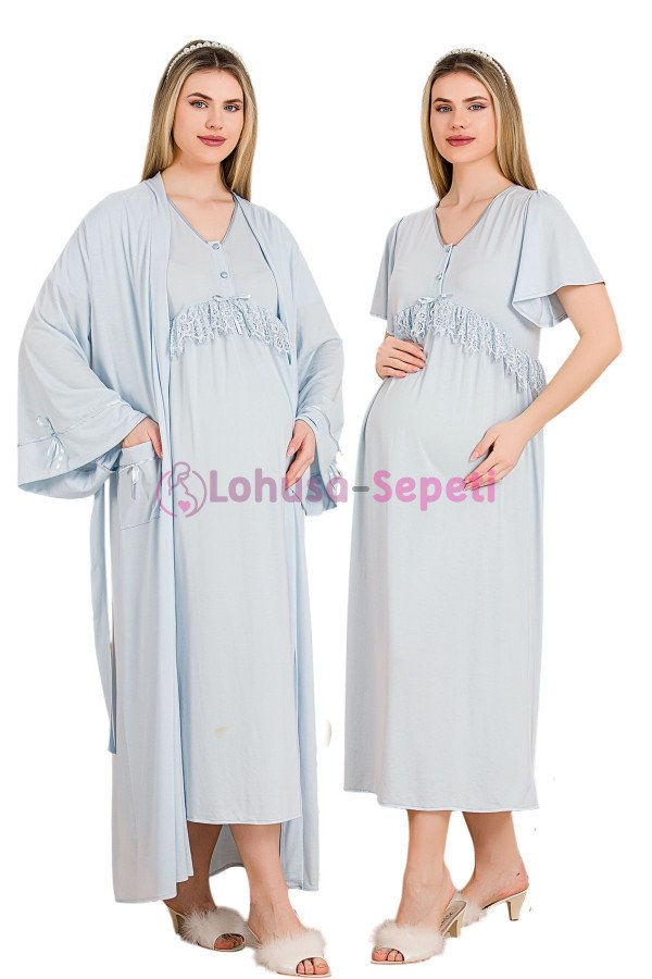 Mavi Renkli Dantel Detaylı  33500 2'li Sabahlıklı Lohusa/Hamile Gecelik Takımı - Kolay Emzirme | Lohusa-Sepeti.com