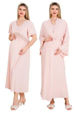 Pembe Renkli, Dantel Detaylı, Kısa Kol ve Derin Patlı,  33500 Sabahlıklı 2li Lohusa Hamile Gecelik Takımı