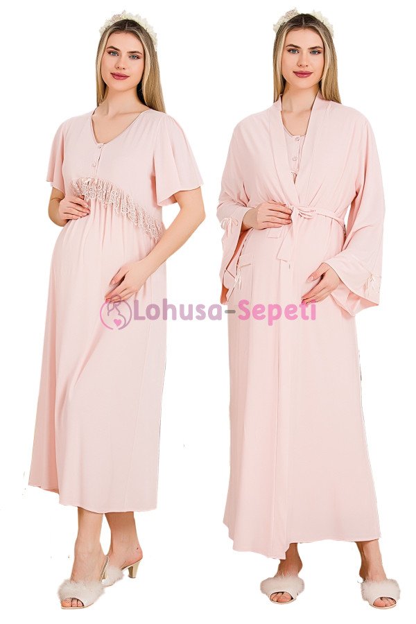 Pembe Renkli Dantel Detaylı  33500 2'li Sabahlıklı Lohusa/Hamile Gecelik Takımı - Kolay Emzirme | Lohusa-Sepeti.com