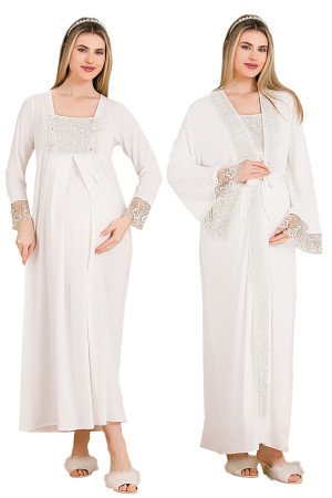 Ekru Renkli, Dantel Detaylı, Uzun Kol ve Derin Patlı,  33501 Sabahlıklı 2li Lohusa Hamile Gecelik Takımı