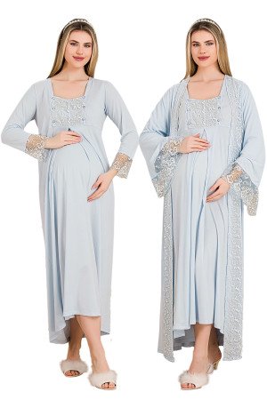 Mavi Renkli, Dantel Detaylı, Uzun Kol ve Derin Patlı,  33501 Sabahlıklı 2li Lohusa Hamile Gecelik Takımı