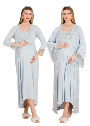Mavi Renkli, Dantel Detaylı, Uzun Kol ve Derin Patlı, 33501 Sabahlıklı 2li Lohusa Hamile Gecelik Takımı Mavi Renkli, Dantel Detaylı, Uzun Kol ve Derin Patlı, 33501 Sabahlıklı 2li Lohusa Hamile Gecelik Takımı