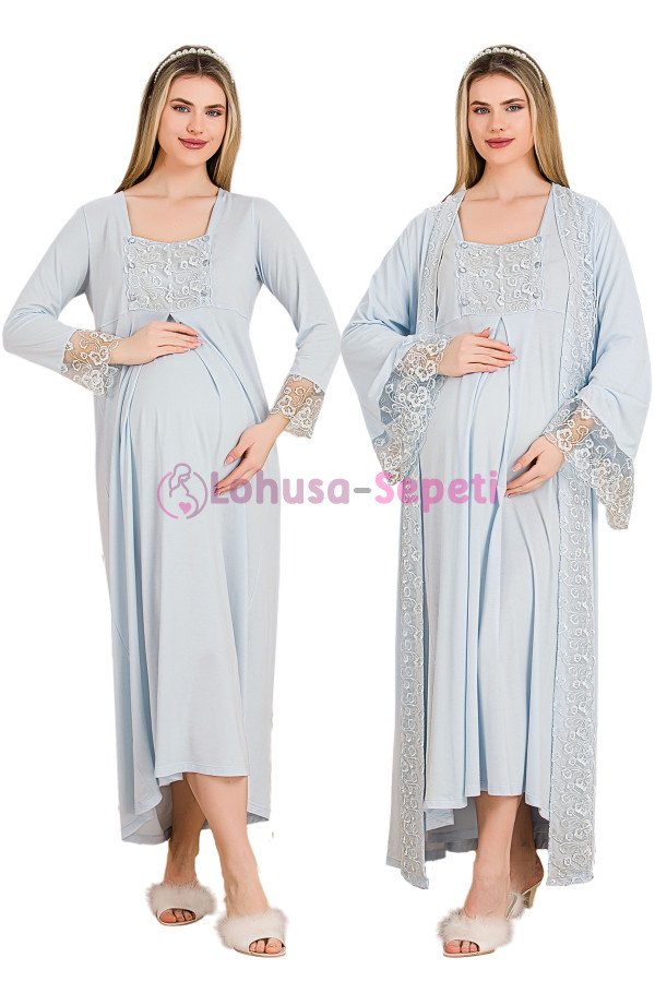 Mavi Renkli Dantel Detaylı  33501 2'li Sabahlıklı Lohusa/Hamile Gecelik Takımı - Kolay Emzirme | Lohusa-Sepeti.com